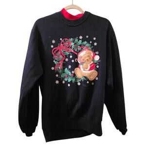 Vtg 90s Christmas Bear Crewneck Sweater Contrasting Collar USA Made Sz M Holiday